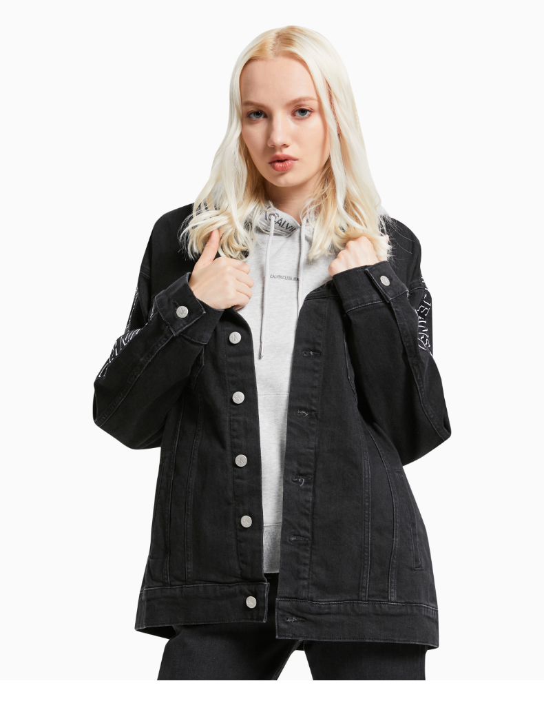 jennie同款ckjeans秋冬女士翻领织带牛仔外套j2175461by牛仔黑s