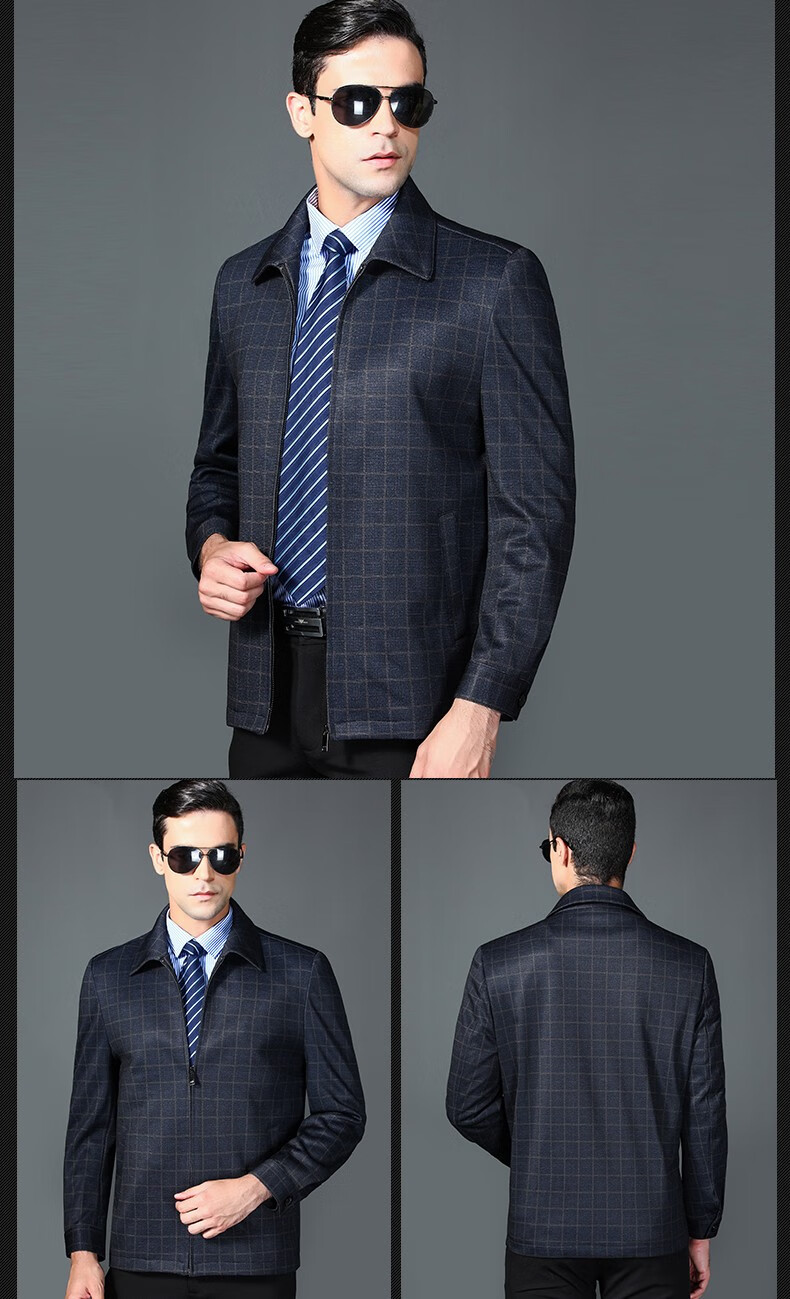 香港老爷车羊毛夹克男中年翻领格子外套 2020秋冬新款高档大牌爸爸装