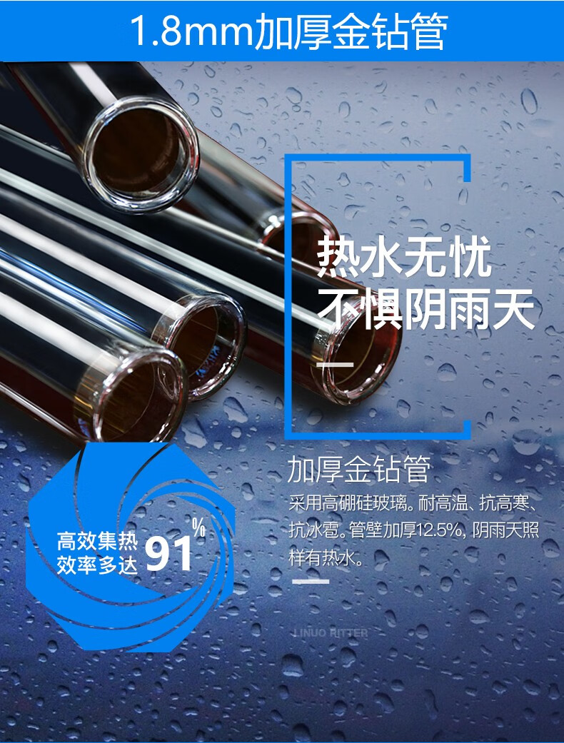 88912-力诺瑞特 金刚太阳能热水器家用 自动上水光电两用一级能效 纳米活水质保五年配智能仪表2400瓦电加热 24管_209升_4-5人( 送货入户+上门安装)-详情图