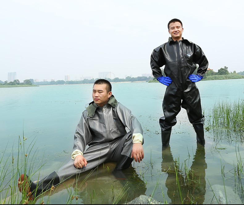 全身下水裤半身防水衣服雨裤带雨鞋皮叉抓鱼挖藕服男连体水库水鞋加厚