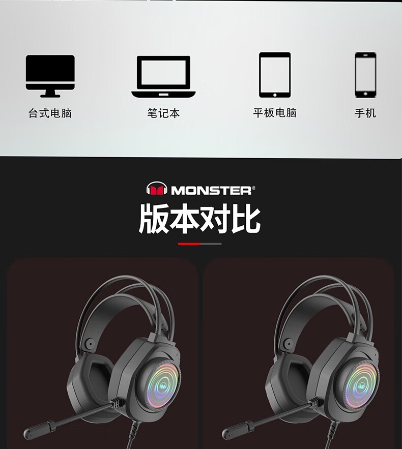 魔声(monster)N5头戴式游戏电竞耳机USB7.1声道电脑网课办公通用耳机 黑色发光耳机带麦克风 单USB口电脑通用