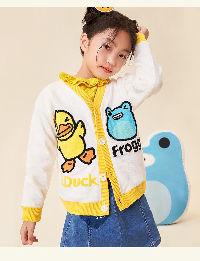 duck小黄鸭童装男童卡通萌趣女童冬装加厚宝宝毛衣开衫 经典红 110cm