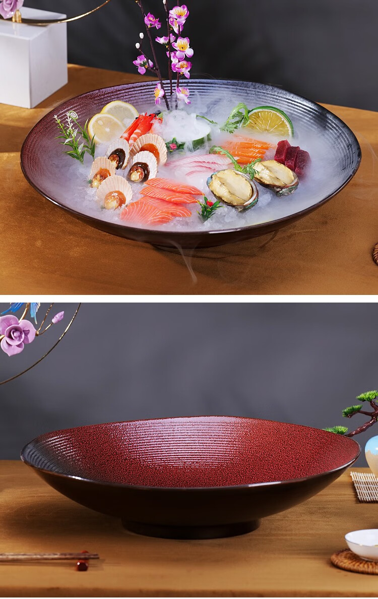 高端刺身盘冰盘大三文鱼摆盘盘子鱼生专用盘海鲜拼盘干冰餐具商用绿色