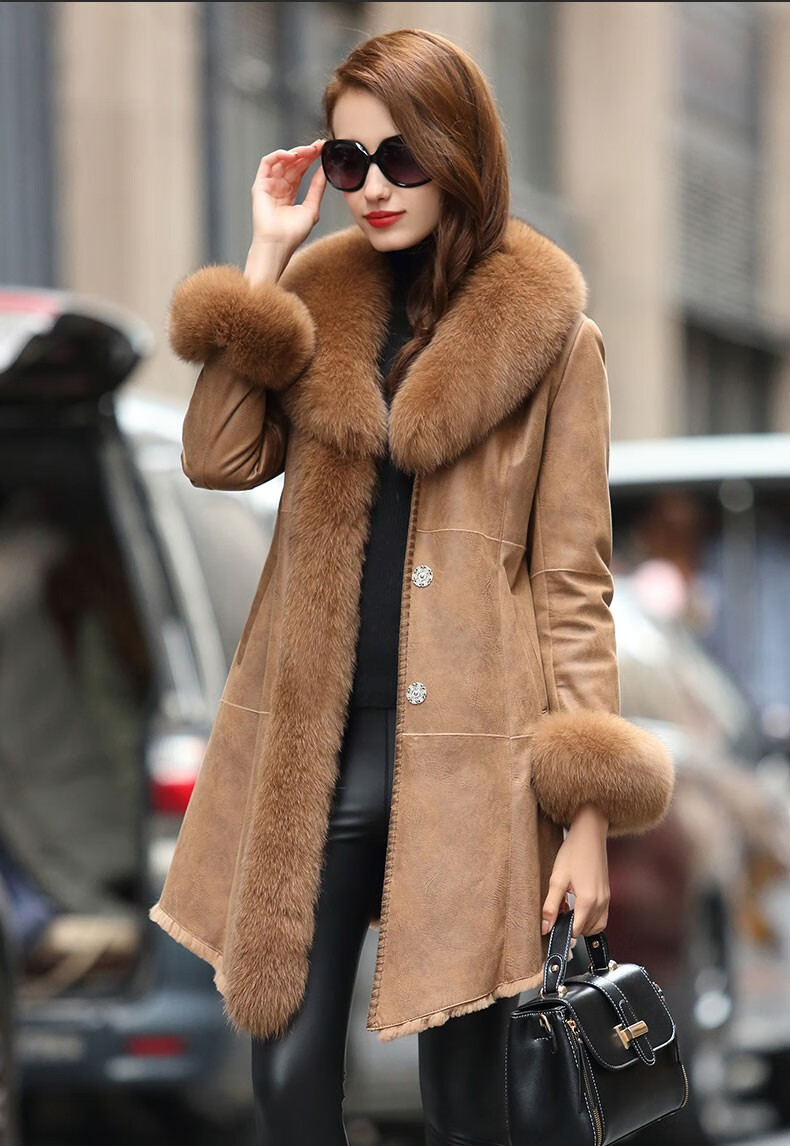 欧迪鸟品牌女装皮毛一体女装外套中长款真皮皮衣狐狸毛领皮草大衣女