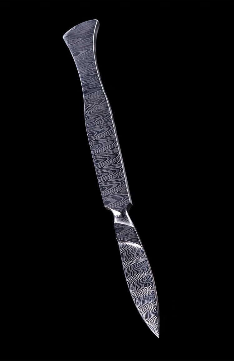 雨轩户外柳叶刀手工锻打大马士革钢刀一体龙骨直刀折叠锻打工艺把玩