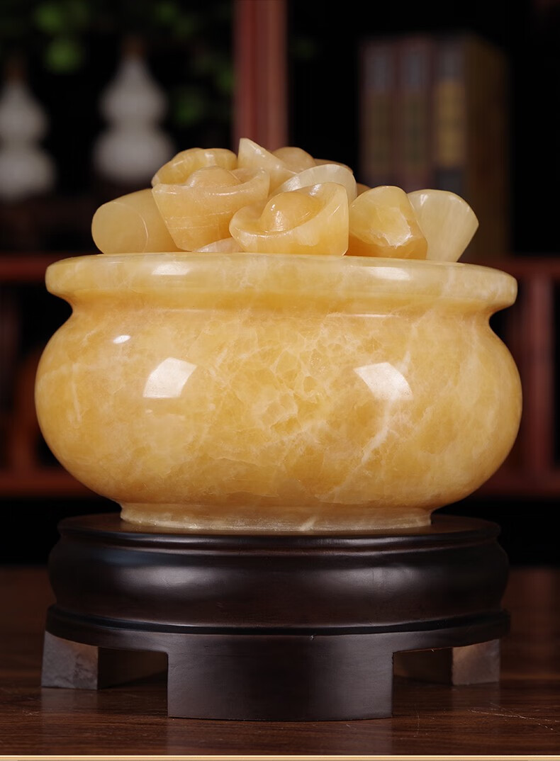 博弗恒玺天然玉石聚宝盆摆件招财黄玉元宝家居装饰品客厅办公室工艺品