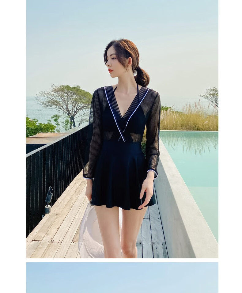 耐浪游泳衣女保守连体裙式性感薄纱蕾丝大v露背挂脖聚拢遮肚显瘦小胸