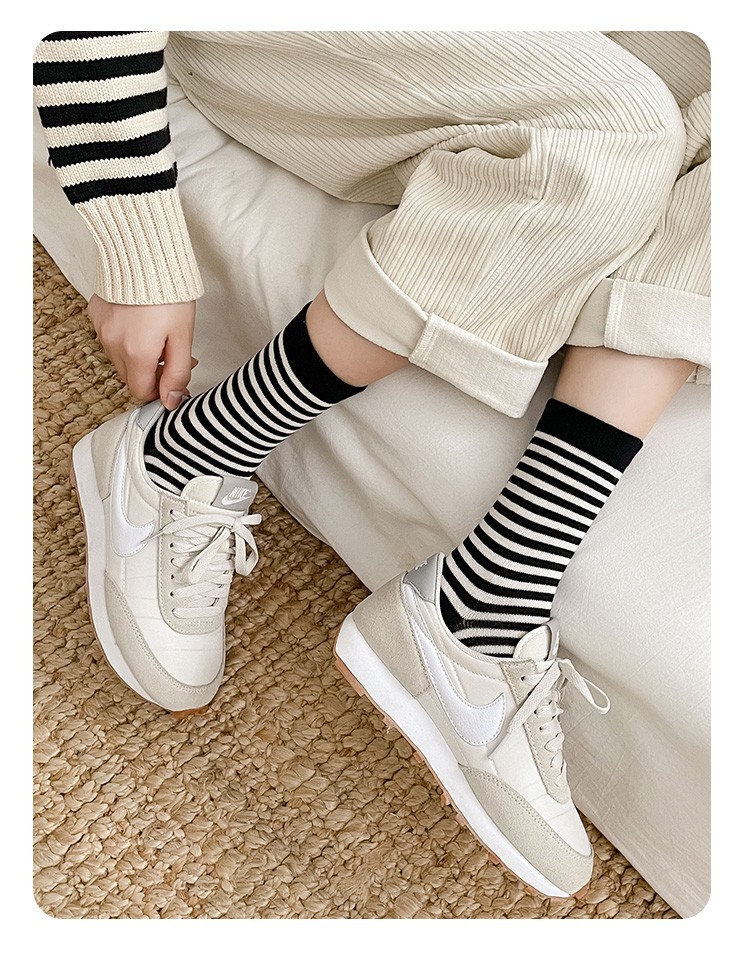 袜子女日系黑白条纹中筒袜春秋款复古百搭长袜潮学生棉堆堆袜 4双复古