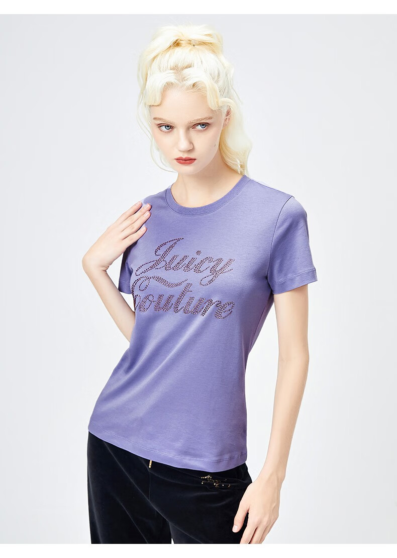 juicy couture橘滋奢侈品女装2002新款圆领时尚烫钻logo修身纯棉女士