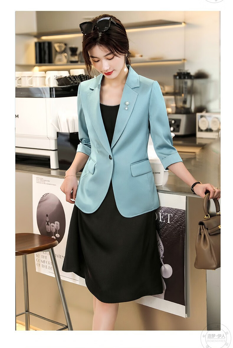 造梦伊人小西装女外套时尚修身小众设计感免烫西装上衣西服女湖蓝色
