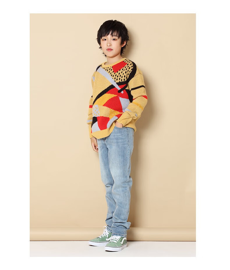 皮皮狗秋冬新品圆领几何图案童套衫童装羊绒套衫针织衫毛衣复古黄140