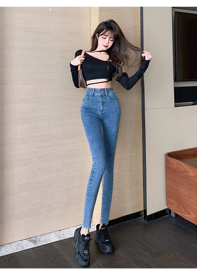 冰雪丹尼高腰牛仔裤女2021秋季新款小个子弹力修身显瘦休闲裤女时尚