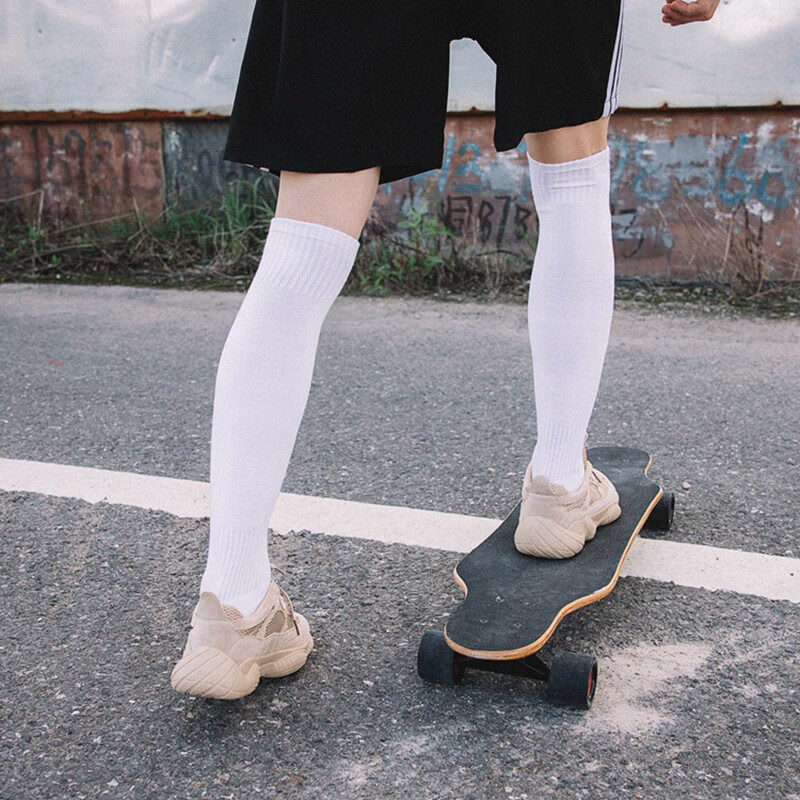 2双男士长筒袜子纯色过膝袜高筒足球运动袜毛巾底长袜子天蓝色长筒