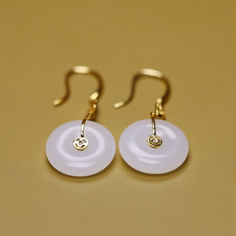 嘉保玉 和田玉平安扣耳环18k黄金镶嵌羊脂白玉圆环耳坠女款苏工【图片