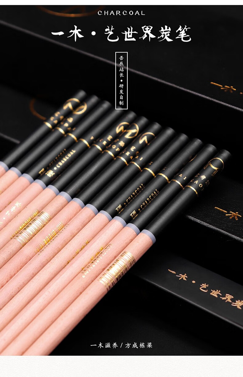 吾辰画材一木炭笔一木艺世界炭笔素描速写笔绘画炭笔软中硬专业画笔