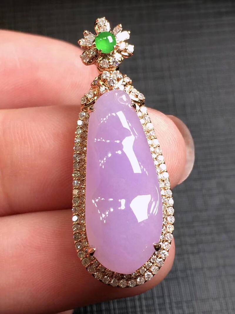 源头翡翠冰紫福豆吊坠18k金镶钻缅甸翡翠玉石挂件女士珠宝首饰项链