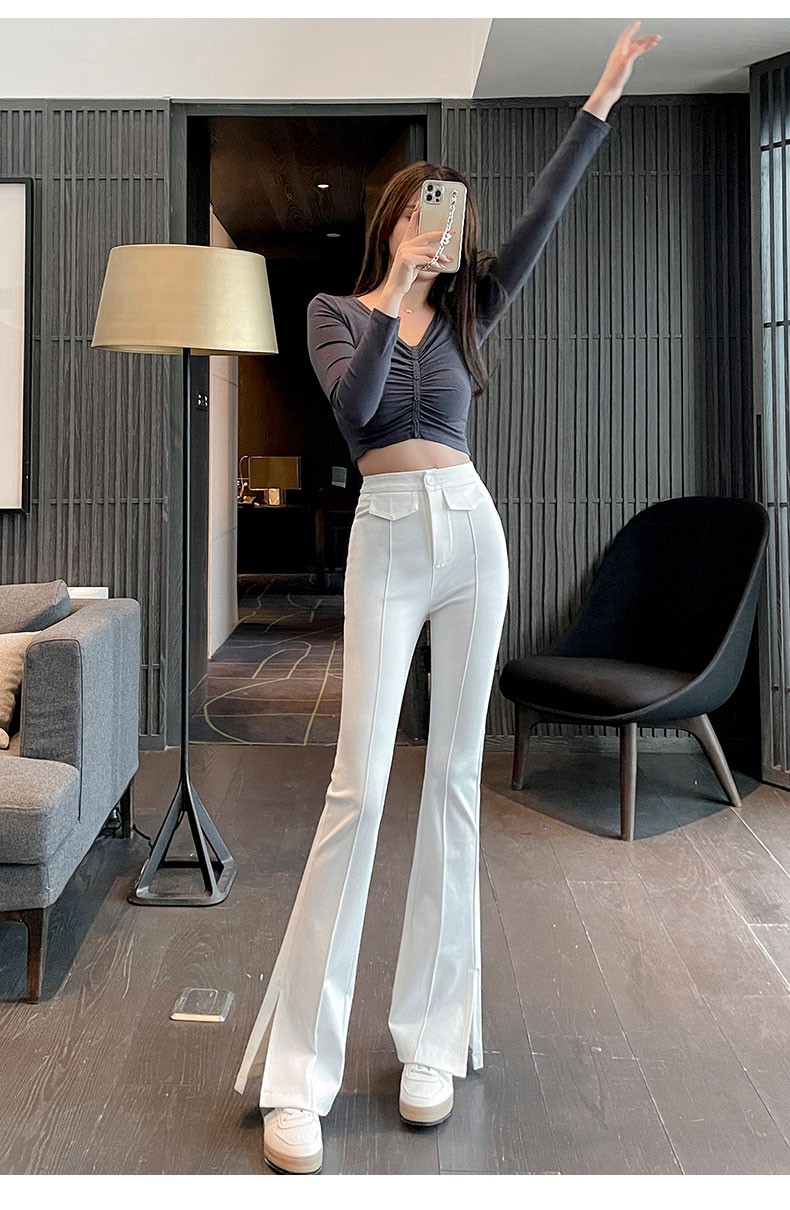 诗迪芙休闲裤女开叉喇叭裤子女2022新款黑色高腰显瘦拖地裤分衩裤网红