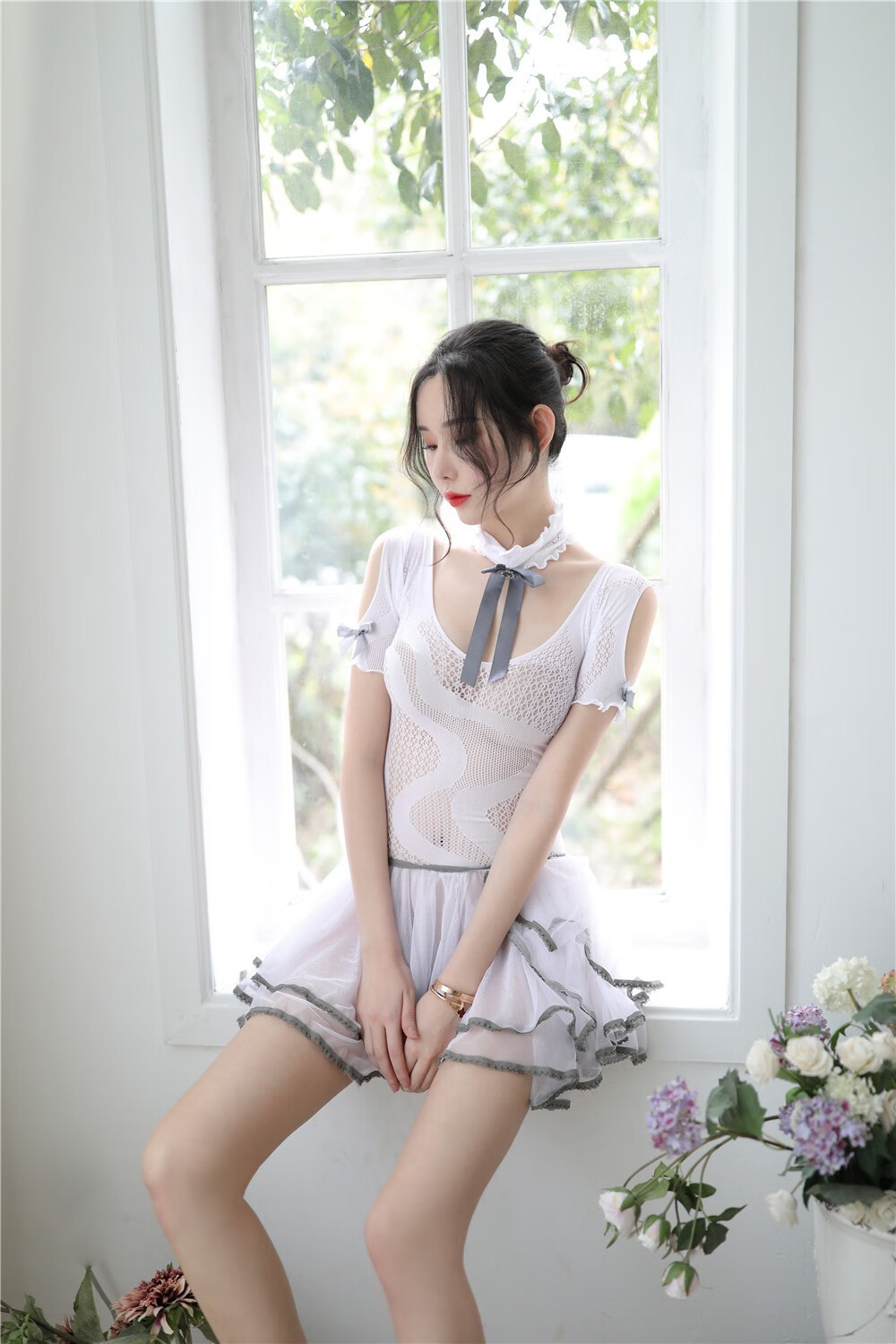 厄洛斯情趣内衣性感睡衣蕾丝网衣连体裙抹胸领结短裙大学校女生灰色