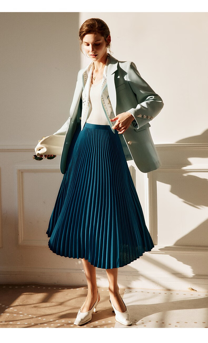 欧芮儿孔雀蓝半身裙女春季2022新款高腰显瘦时尚气质百褶a字摆裙