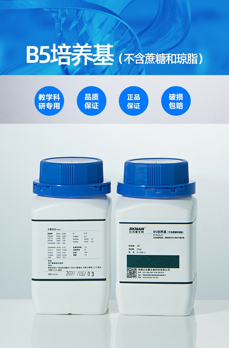 比克曼生物 b5培养基(不含琼脂和蔗糖) 250g 实验室植物组织培养用 b