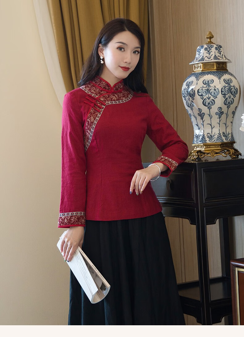 筠雅秋半身旗袍上衣中式唐装红色棉麻复古长袖盘扣修身中国风女装j1