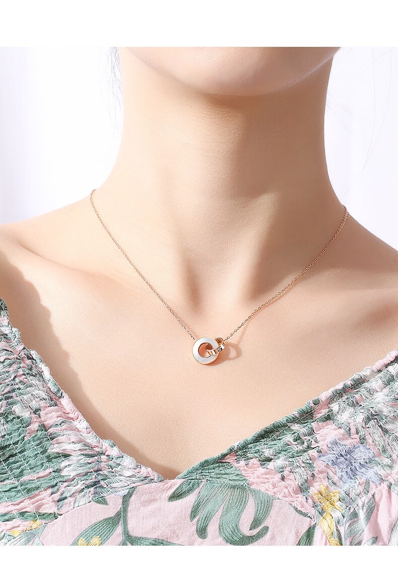 centurykindle罗马钻石项链女钛钢玫瑰金双环白贝母ins潮锁骨链送女友