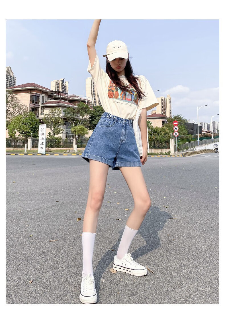 浪莎牛仔短裤女夏季新款宽松显瘦大码4分喇叭裤辣妹薄款可调节高腰阔