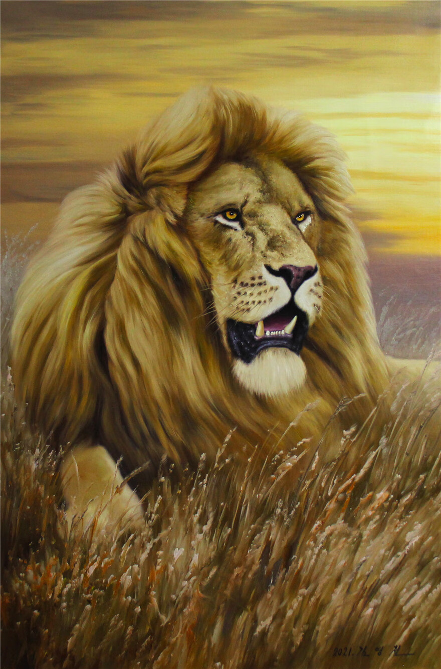 朝鲜功勋画家 金英哲《狮子》动物油画 装饰 g1078