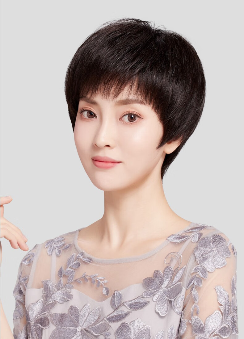 艾丝菲假发女短发真人发丝女士中老年妈妈短直发圆脸自然全头套式夏季