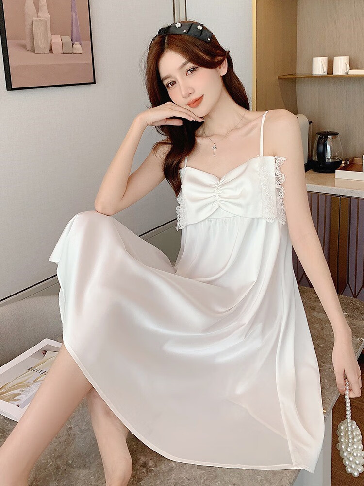 一夜一梦 冰丝睡衣女夏性感吊带露肩睡裙夏季薄款甜美大蝴蝶结公主风