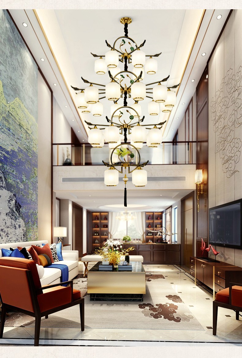 全铜新中式吊灯客厅灯轻奢楼中楼餐厅书房卧室灯中国风复式楼别墅大厅