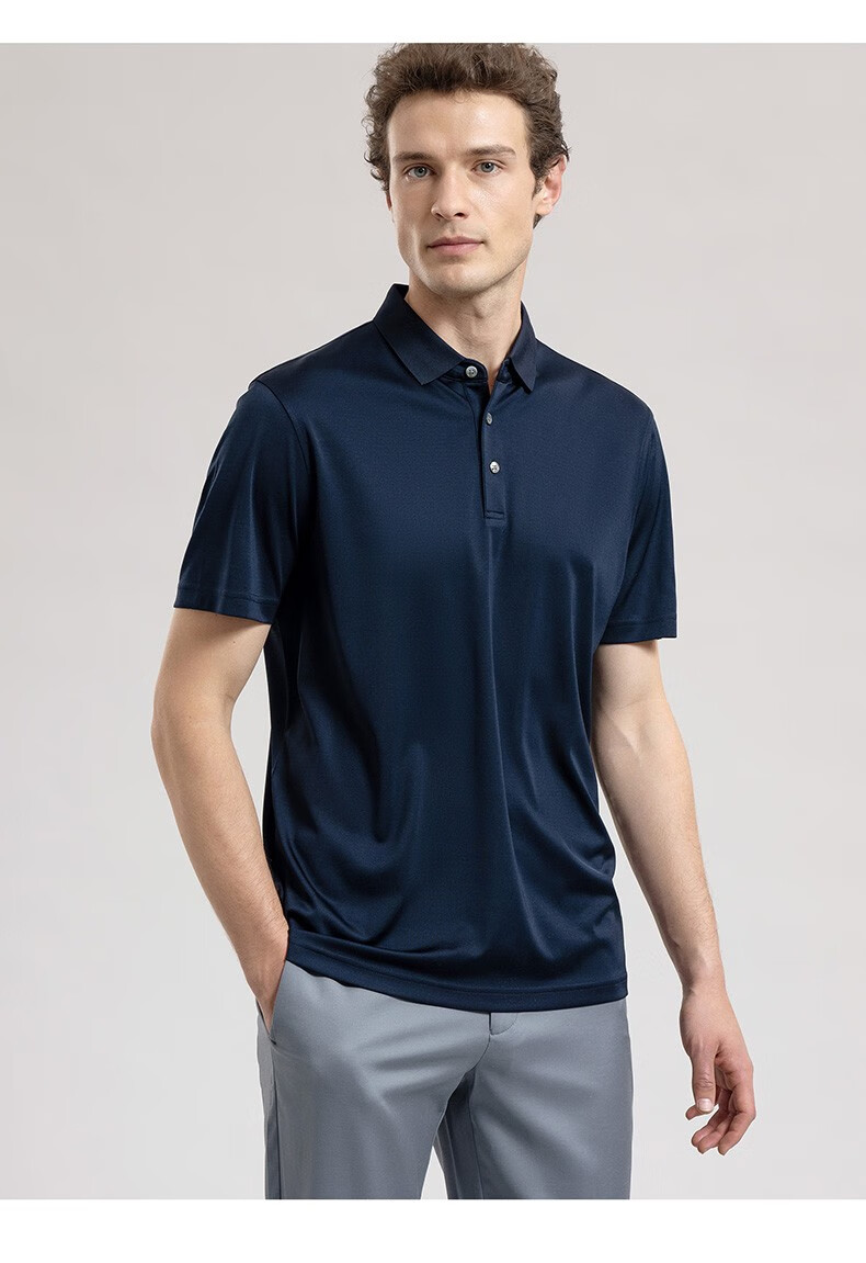 金利来男装含桑蚕丝纯色短袖t恤男士款夏季透气商务休闲体恤衫z海蓝7