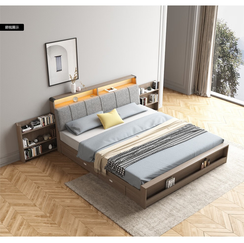 特价木月北欧简约usb充电双人床18米带灯连体床头柜高箱储物床雅致软