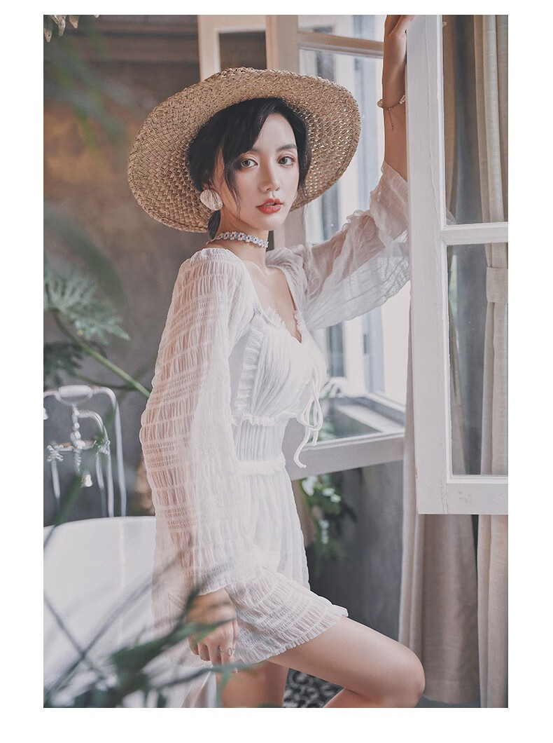 泳衣女连体长袖裙式保守可爱公主时尚性感白色复古温泉泳装 白色 2xl