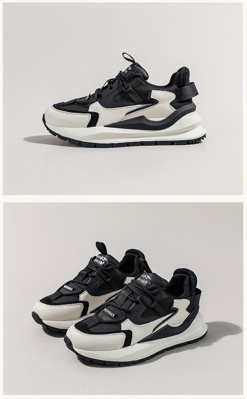 hangten欢腾女鞋2022新款百搭厚底老爹鞋女士时尚牛皮拼色休闲鞋黑色