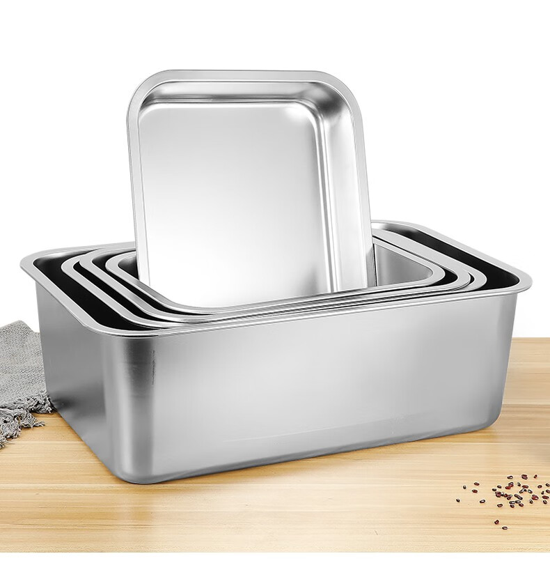 启惺不锈钢平底盆长方形大号餐菜盆饭盆深方盆油炸盆卤菜盆储物盒带盖