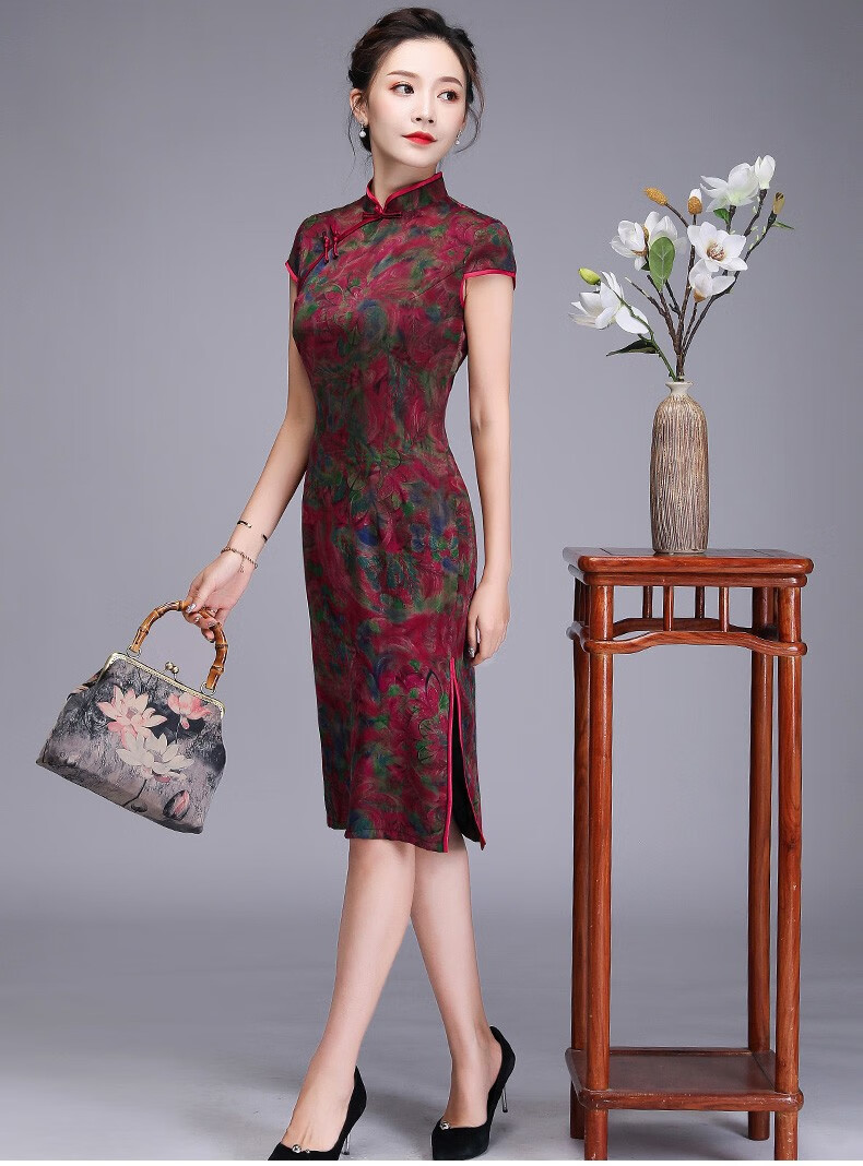 欧迪鸟品牌2020夏装香云纱旗袍优雅气质日常旗袍真丝修身旗袍婆婆装