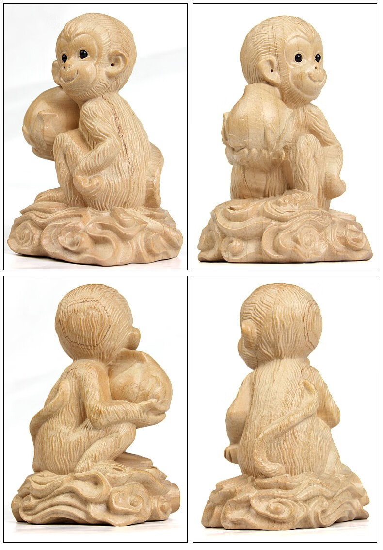 新款桃木小猴子摆件木雕原木整料灵猴献寿桃桌面小摆件饰品生肖鼠猴龙