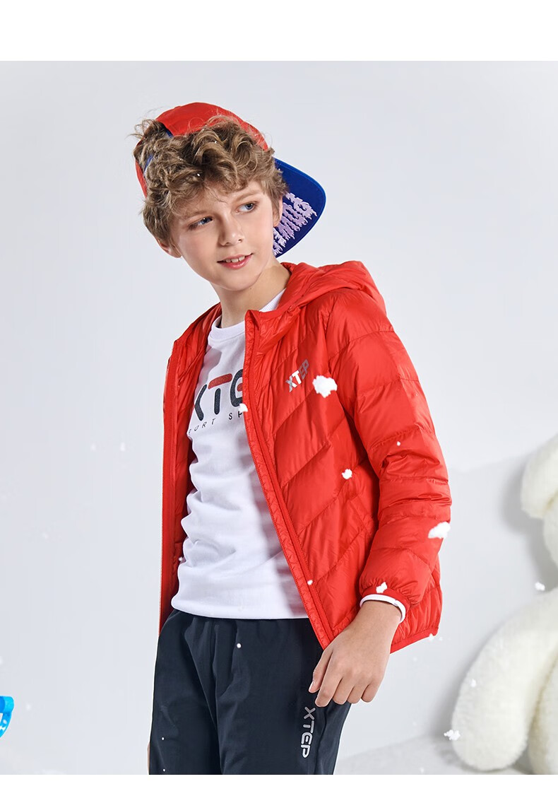 特步儿童装男女童装时尚羽绒服轻薄保暖连帽羽绒夹克外套宝兰140cm