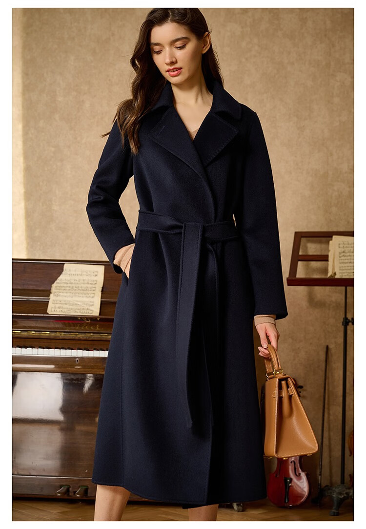 瑟俐品牌高端藏青色双面100纯山羊绒大衣女中长款毛呢外套2022秋冬