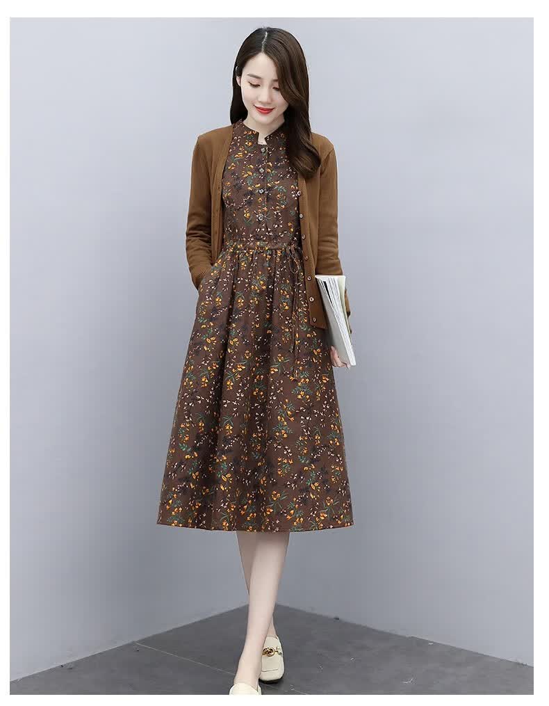 【潮牌女装】秋季连衣裙女2020秋冬装新款女装时尚印花棉麻中长款针织