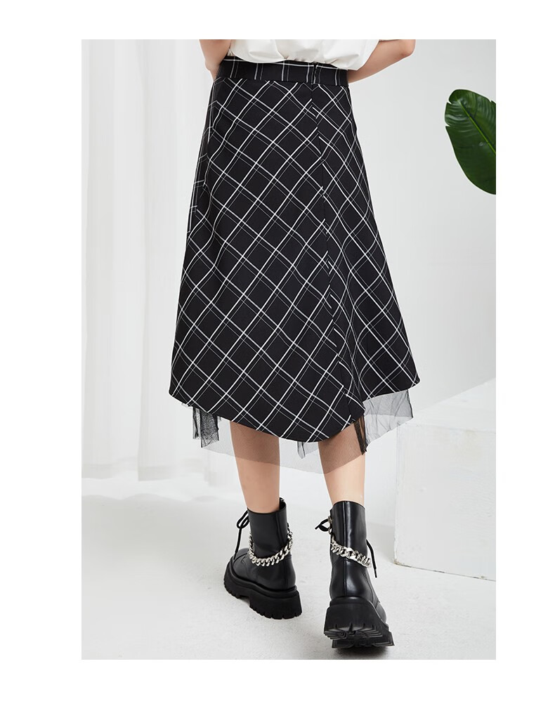 金苑裙子女2022夏季新款时尚格子黑色不规则网纱半身裙子b222111 彩色