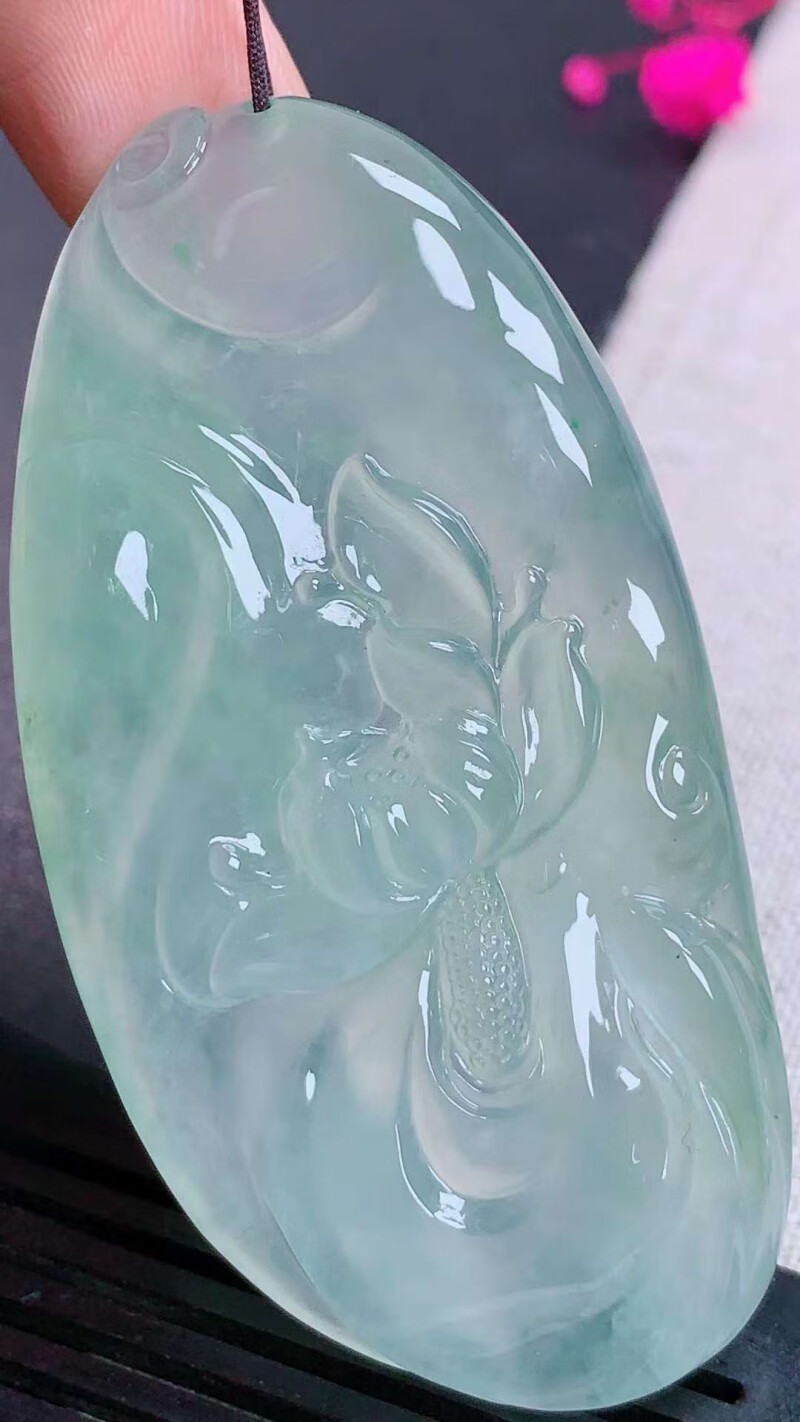 源头翡翠 高冰一品青莲吊坠 缅甸a货翡翠玉石挂件男士首饰项链收藏61.