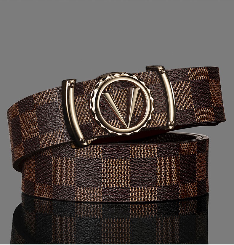 欧伦驰品牌皮带男无牙自动扣内穿牛皮格仔纹高档时尚字母扣腰带中青年