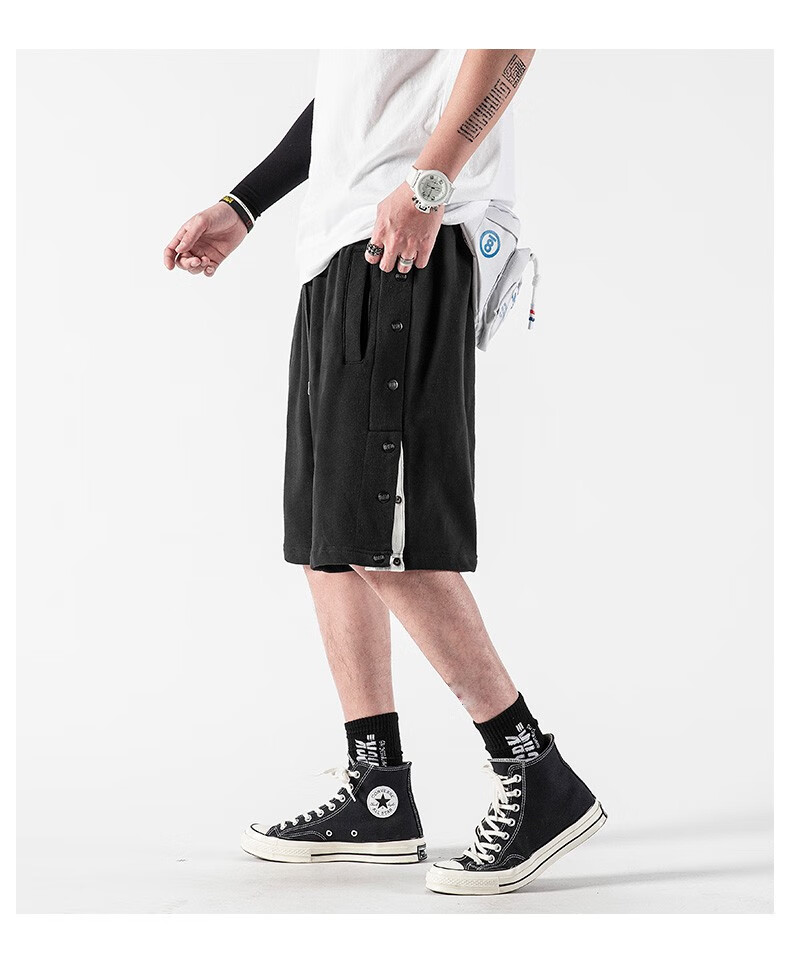 威廉马奇短裤男排扣裤男宽松开扣训练裤侧面纽扣美式篮球裤子男灰色