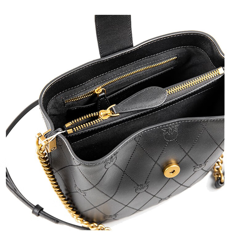 22春夏新款pinko品高复古压花logo水桶包皮革拼接燕子包链条斜跨单肩