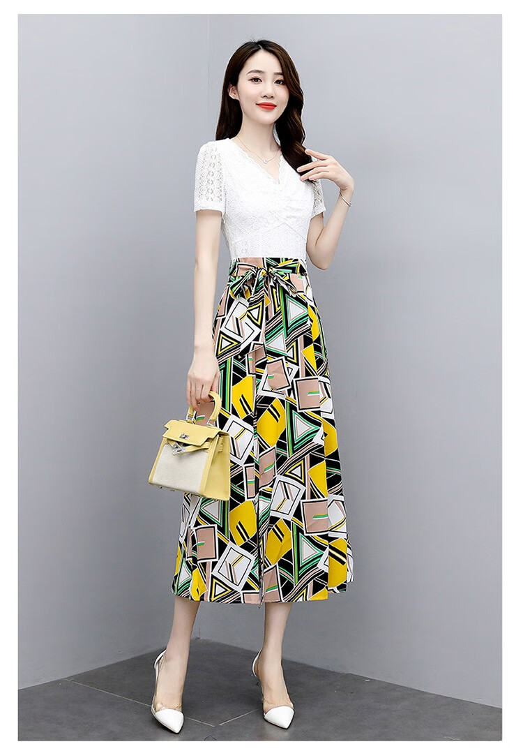 码女装韩版休闲时尚套装女短袖衣服裙子印花蕾丝假两件套时尚套装裙女