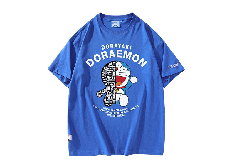doraemon哆啦a梦机器猫字母印花圆领落肩宽松短袖t恤男女同款黑色s