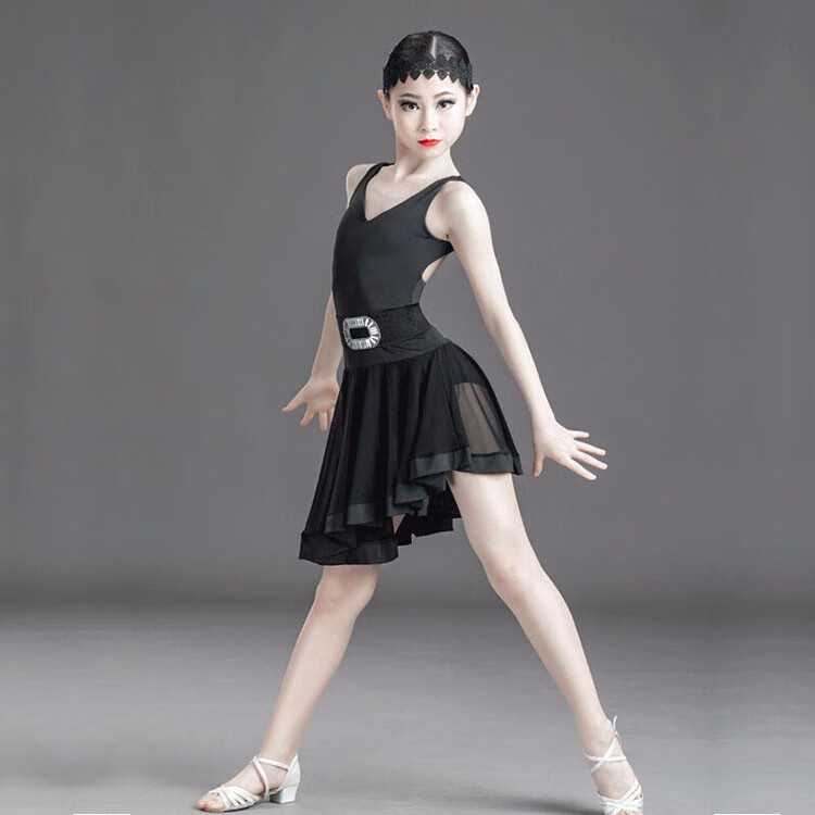 少儿拉丁舞服装练功服夏季女儿童标准练习表演演出服露背比赛 黑色 更