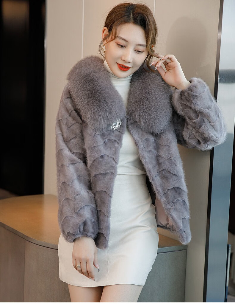 宗纯 貂皮大衣女短款海宁水貂皮草外套狐狸毛领百搭裘皮真毛皮草女拼